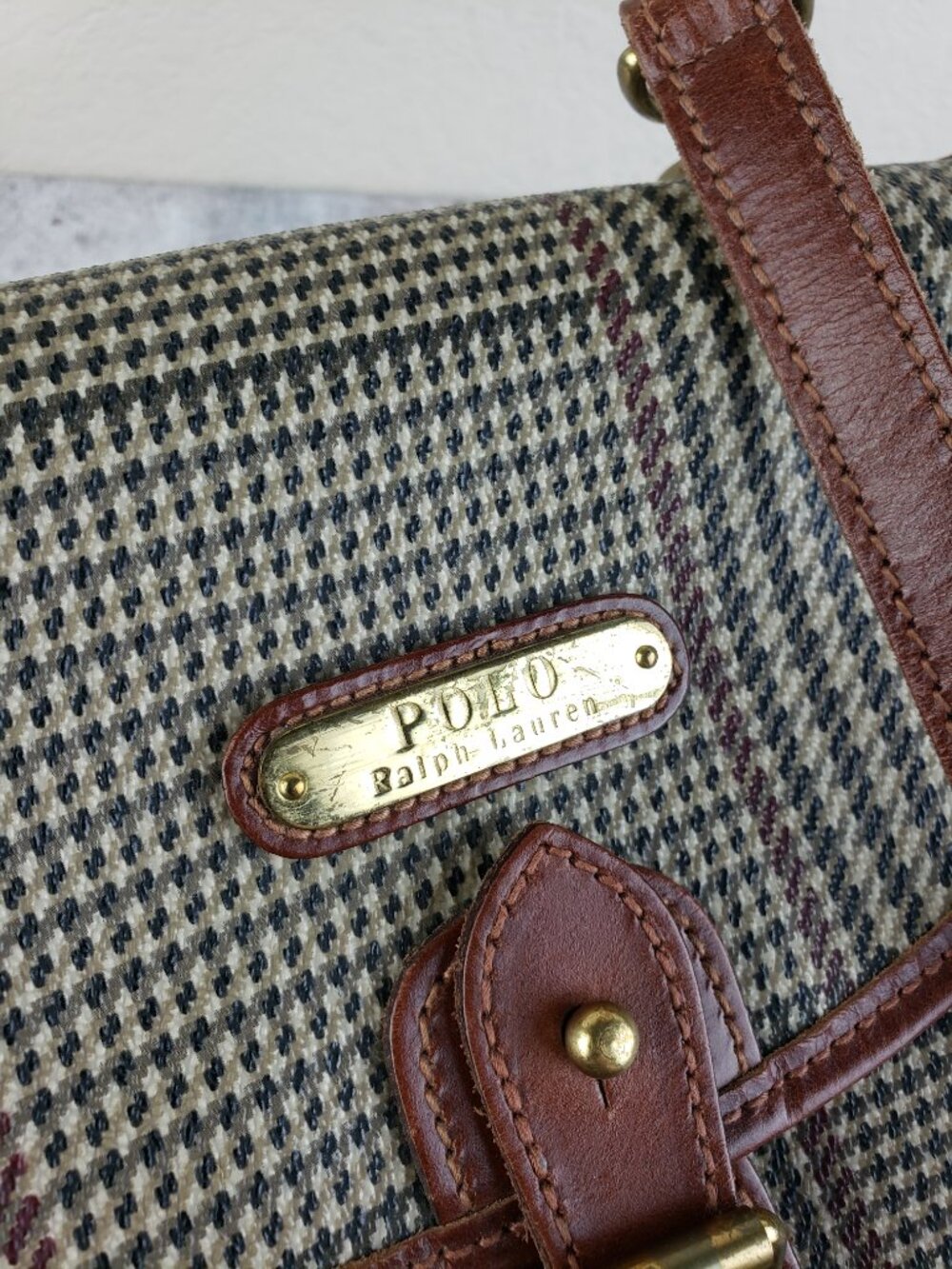 Vintage POLO Ralph Lauren Shoulder Bag Houndstooth Plaid Coated Canvas Leather - Picture 2 of 15